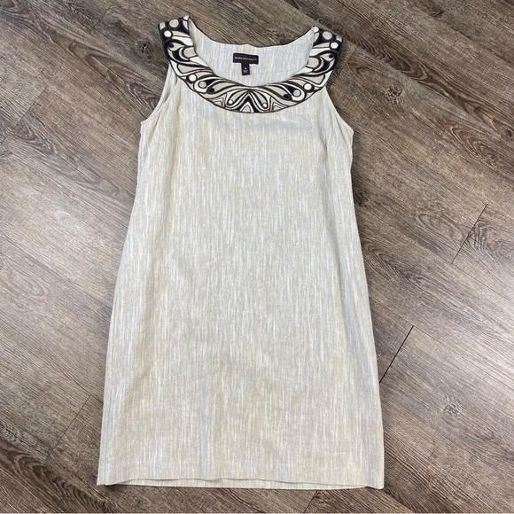 Dana Bachman Sheath Dress Women 10 Beige Brown Embroidered Midi Linen Blend Zip - Picture 1 of 9